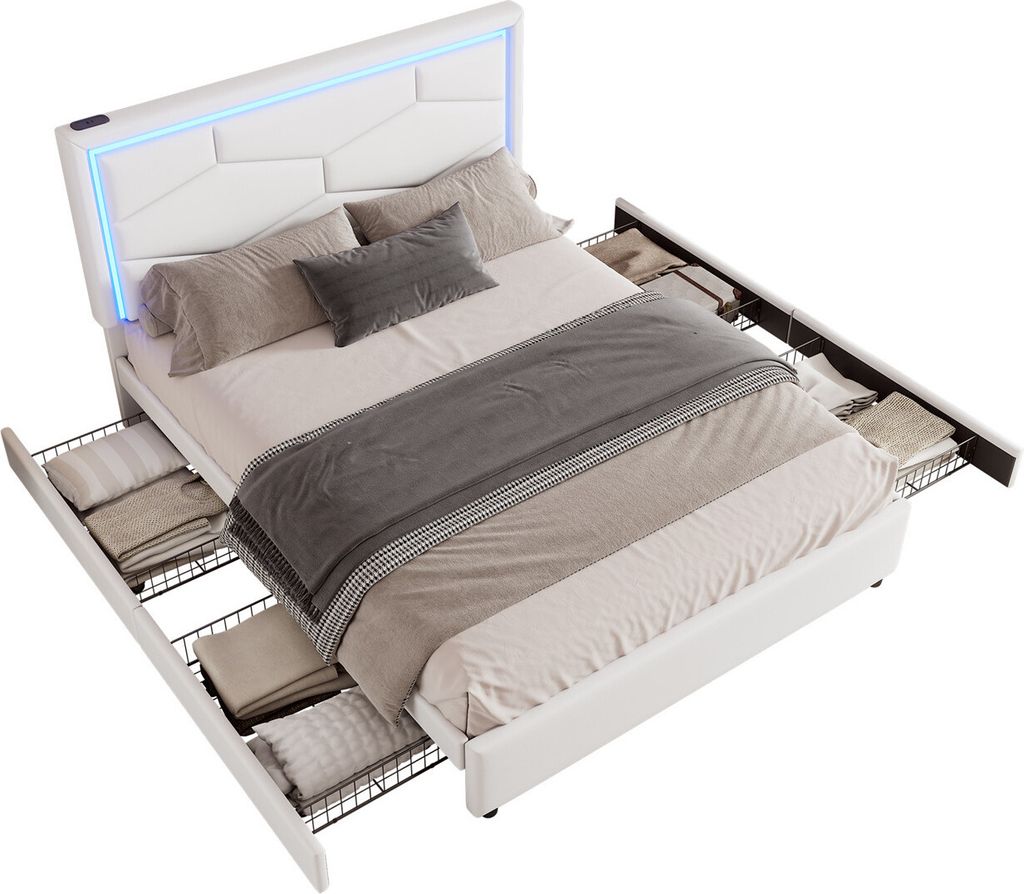 Polsterbett(140 x 200cm,Weiss)Doppelbett mit Lattenrost,Fernbedienung für Ambientebeleuchtung,mit vier Schubladen,mit USB+Typ C,Verstellbares Kopf...