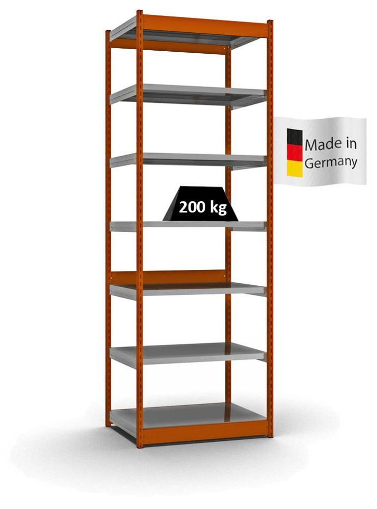 PROREGAL Fachbodenregal Stecksystem Vierkant-Profil MAGNUS Germany | HxBxT 300x102,5x60cm | 7 Ebenen | Fachlast 200kg | Orange/Verzinkt