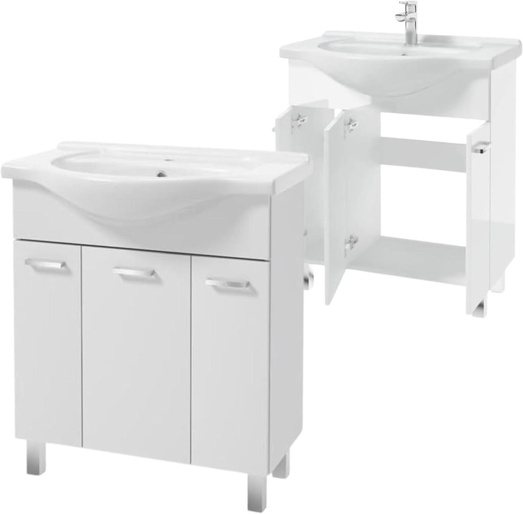 Two white bathroom vanity cabinets with sinks and faucets are shown against a white background. One is fully assembled and closed, while the other is shown with its cabinet doors open.