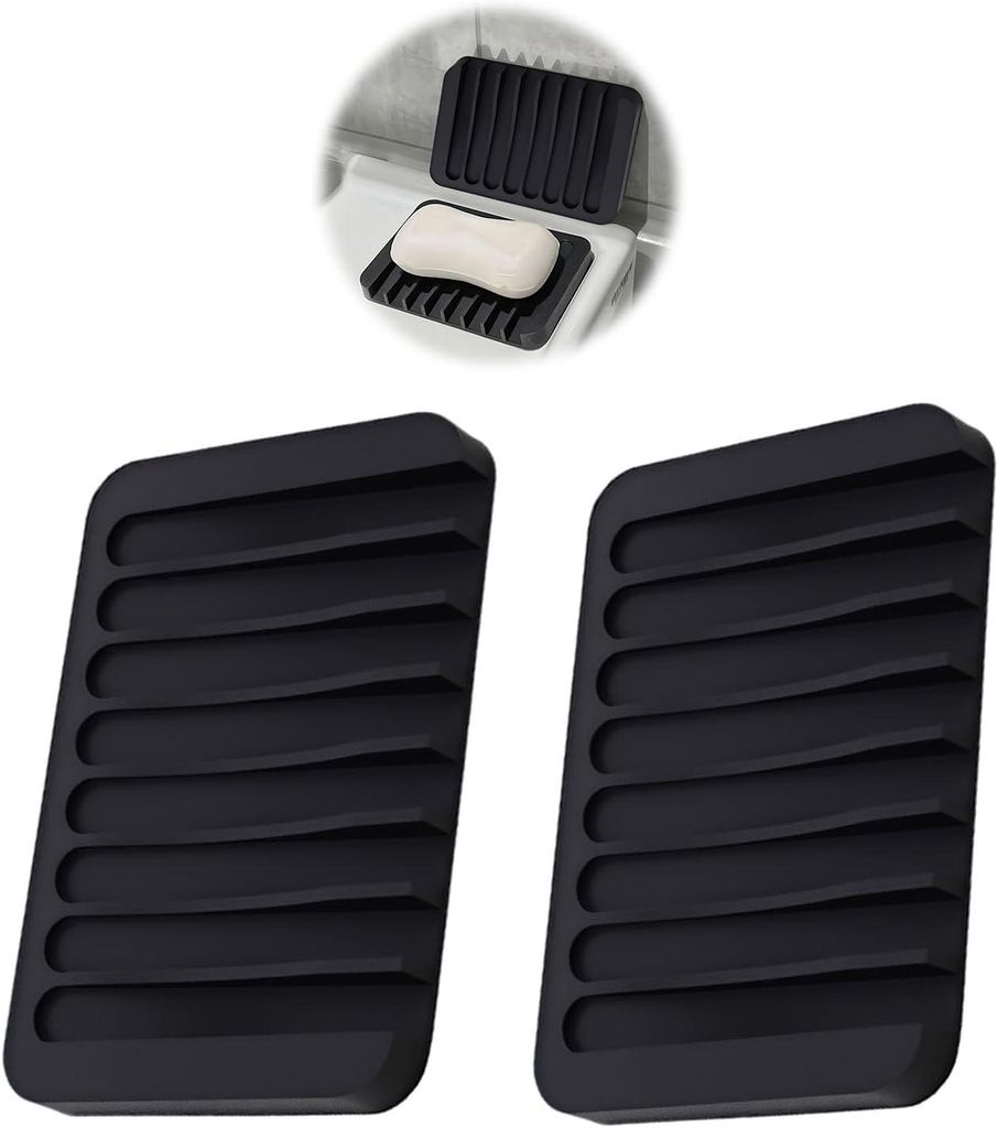 Set mit 2 abgewinkelten Silikon-Seifenschalen – integrierter Abfluss, rutschfest, für Dusche/Küche/Badewanne (schwarz)