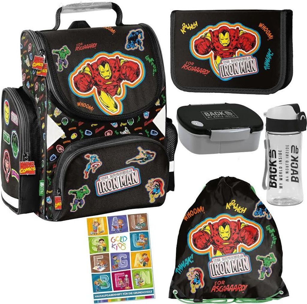 Avengers Marvel Schulranzen Set ergonomischer Ranzen Federmappe Aufgabenheft Grundschule 6er Set. Geeignet ab der ersten Klasse der Grundschule