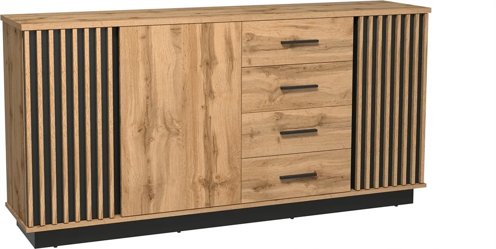 Commode 179 cm Minio Lamia en Chêne Wotan et Noir Mat avec Lamelles MDF