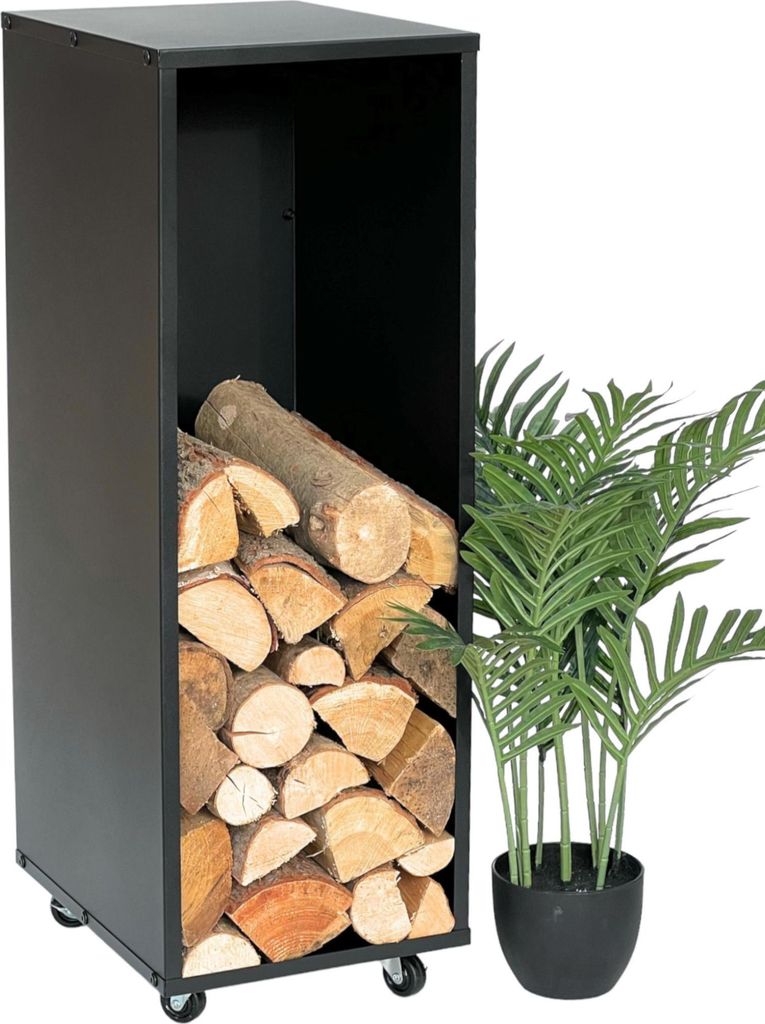 DanDiBo Kaminholzregal Innen Metall Schwarz Kaminholzständer 85 cm mit Rollen 96359 Kaminholzwagen Holzkorb Kaminholzhalter Holzregal