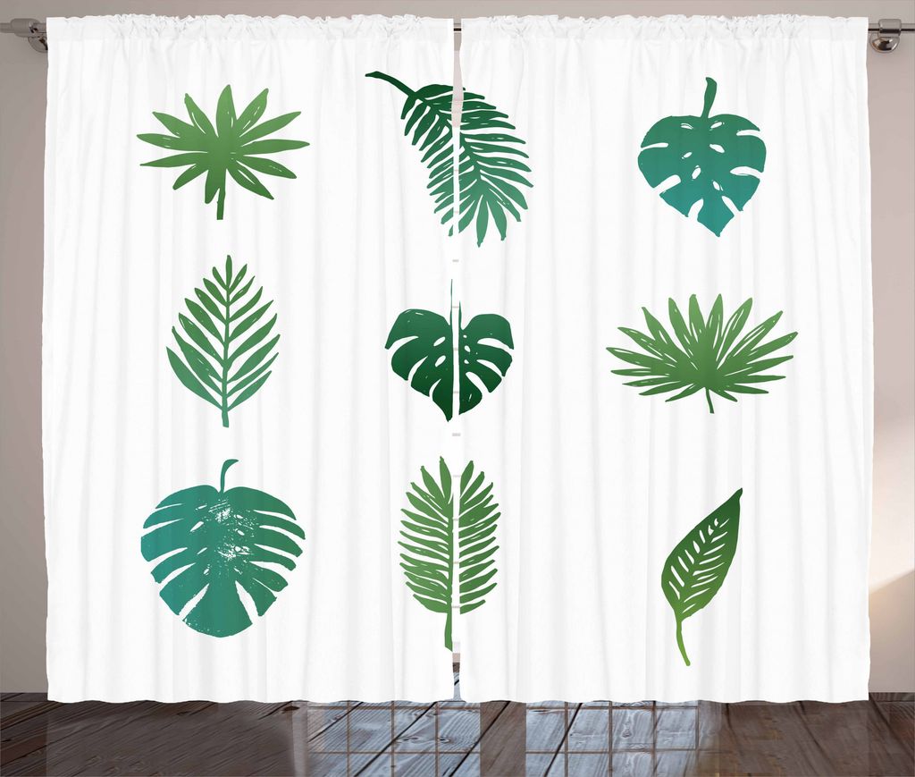 ABAKUHAUS Palme Rustikaler Gardine, Tropischer Baum Laub, Schlafzimmer Kräuselband Vorhang mit Schlaufen und Haken, 280 x 175 cm, Grün Weiß