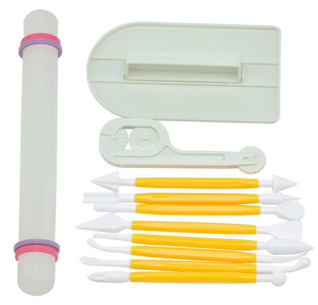 11-teiliges Fondant Werkzeug Set für Tortendeko Sugarcraft Modellierwerkzeuge mit Ausstechformen Glätter und Backzubehör für Kuchen
