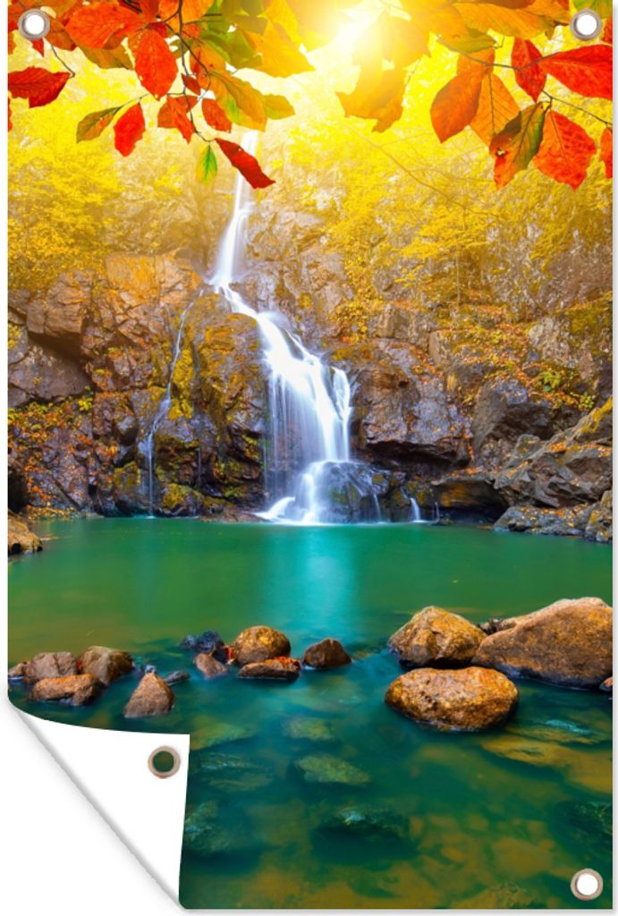 MuchoWow 80x120 cm Outdoor-Poster Gartendeko Sichtschutz Garten Poster für den Garten Steine - Baum - Wasserfall - Herbst - Rot