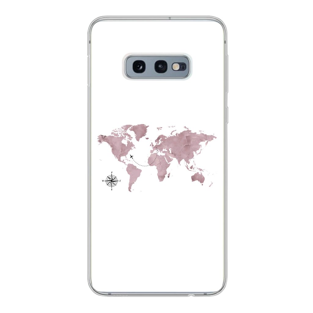 MuchoWow Handyhülle Schutzhülle Hülle für Samsung Galaxy S10e Weltkarte - Rosa - Flugzeug Silikon Softcase Handy Hülle - Handy