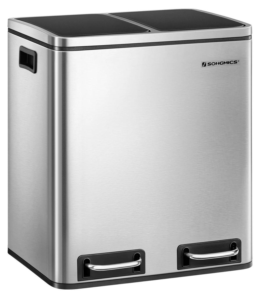 Recycling-Mülleimer - Pedaleimer - Volumen 30 l (2×15 l) - 2 Fächer - Edelstahl - Für Küche - Silber