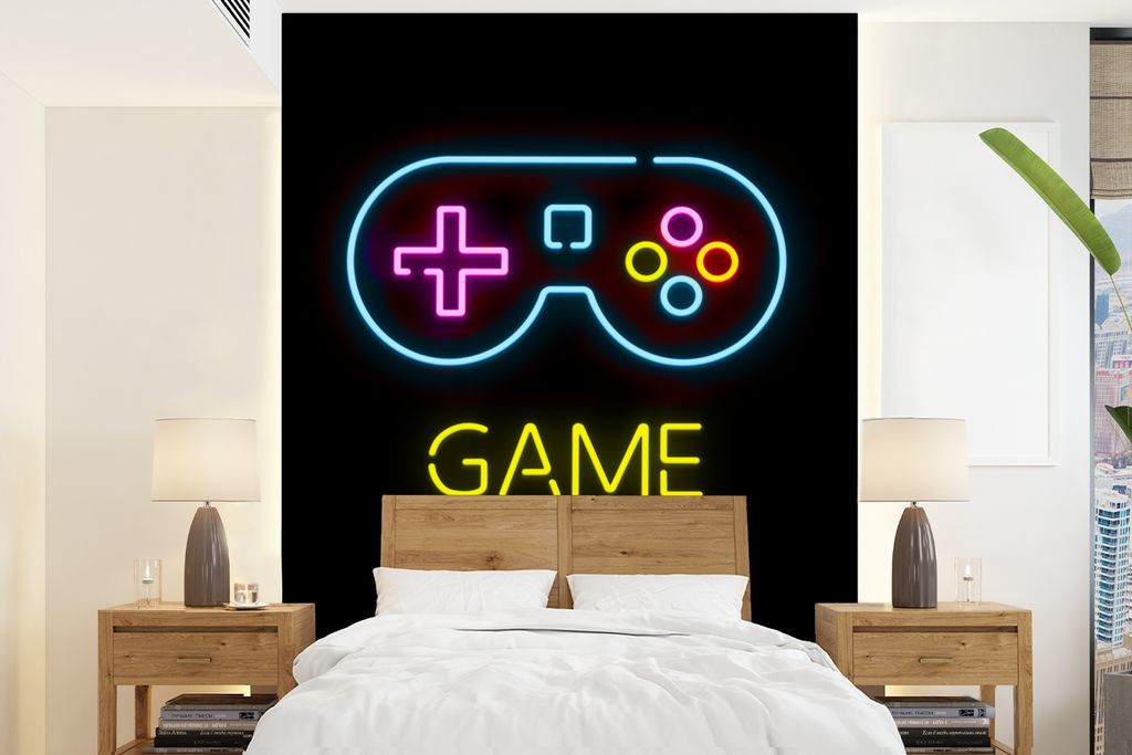 MuchoWow Fototapete für Wohnzimmer oder Schlafzimmer Wandtapete Vinyl Motivtapete Controller - Spiel - Neon - Schwarz - Zitate - Spielzone - 160...