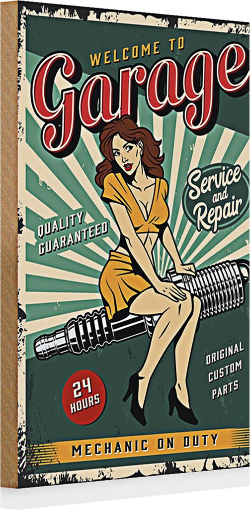Holzschild Retro 20x30cm Pinup welcome Garage 24 service