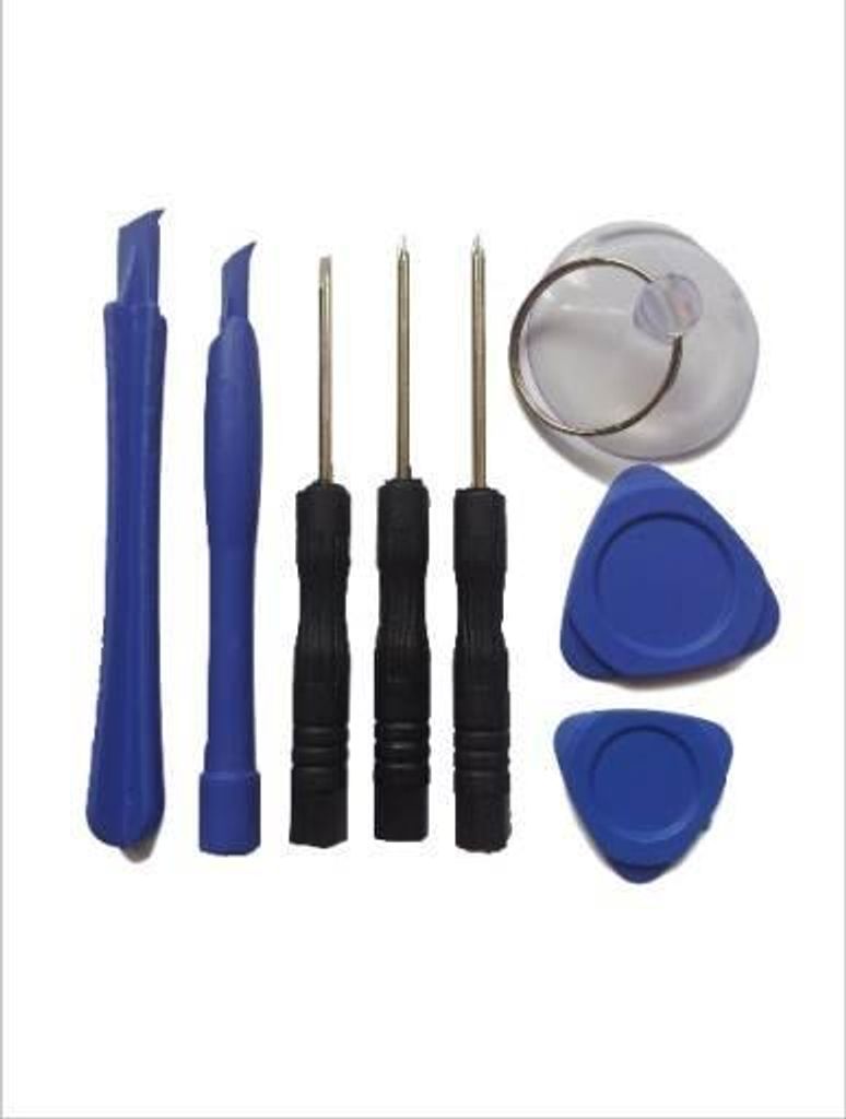 A collection of electronic repair tools laid out on a white background.