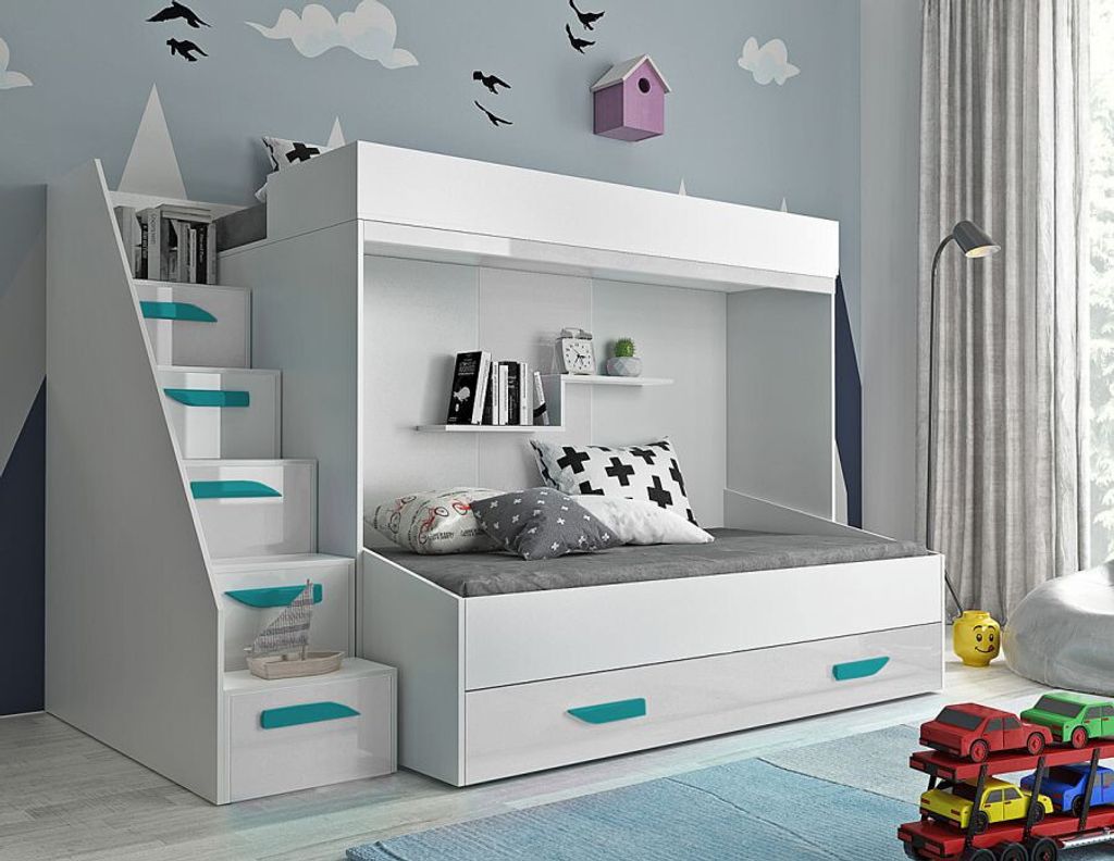 Derry Etagenbett für Kinder mit Stauraum – Weiß/türkise Griffe