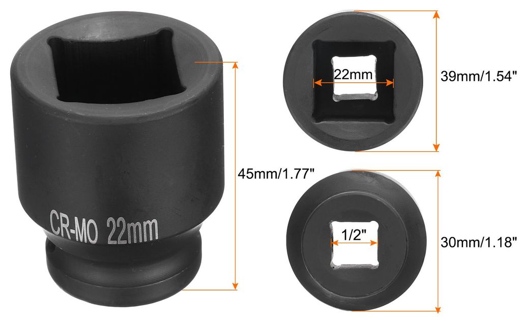 2 Stš¹ck 4-Punkt-Viereckbuchse 1/2" Antrieb 22mm Stecknuss, Metrische Viereck-Impact-Buchse CR-MO-Verdunkelung Standard-Rad-Buchsen Pneumatische ...