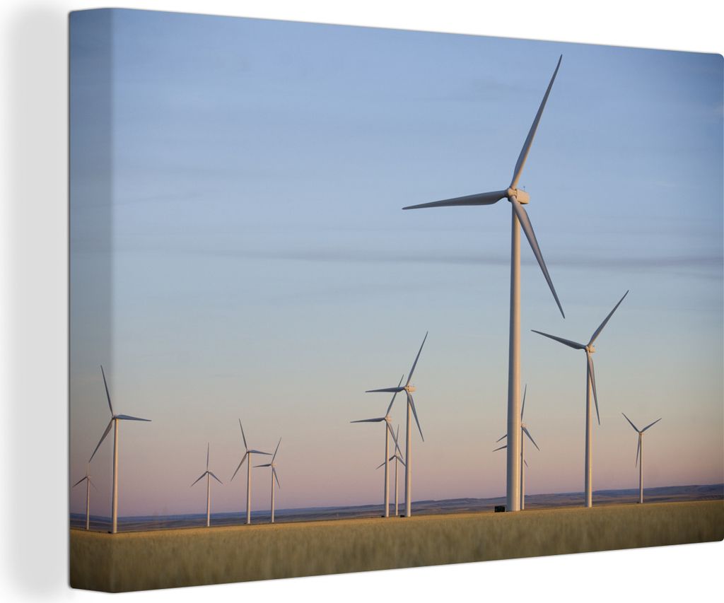 OneMillionCanvasses - Leinwandbilder - 140x90 cm, Eine Gruppe von Windmühlen in Montana bei Sonnenuntergang, Wandbilder Kunstdruck Wanddekoratio...