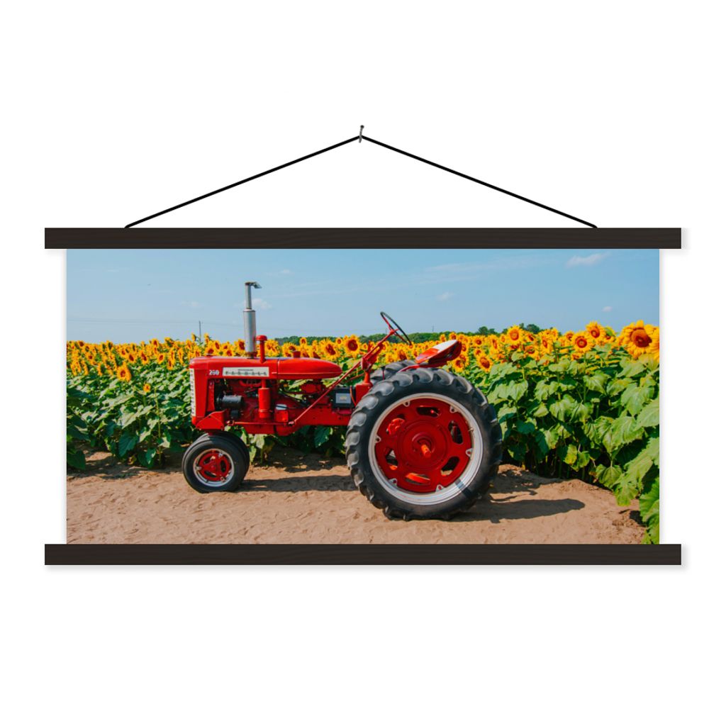 MuchoWow Textilposter Traktor - Rot - Sonnenblume - Bauernhof - Blumen 60x30 cm mit schwarzem Rahmen - Textilien
