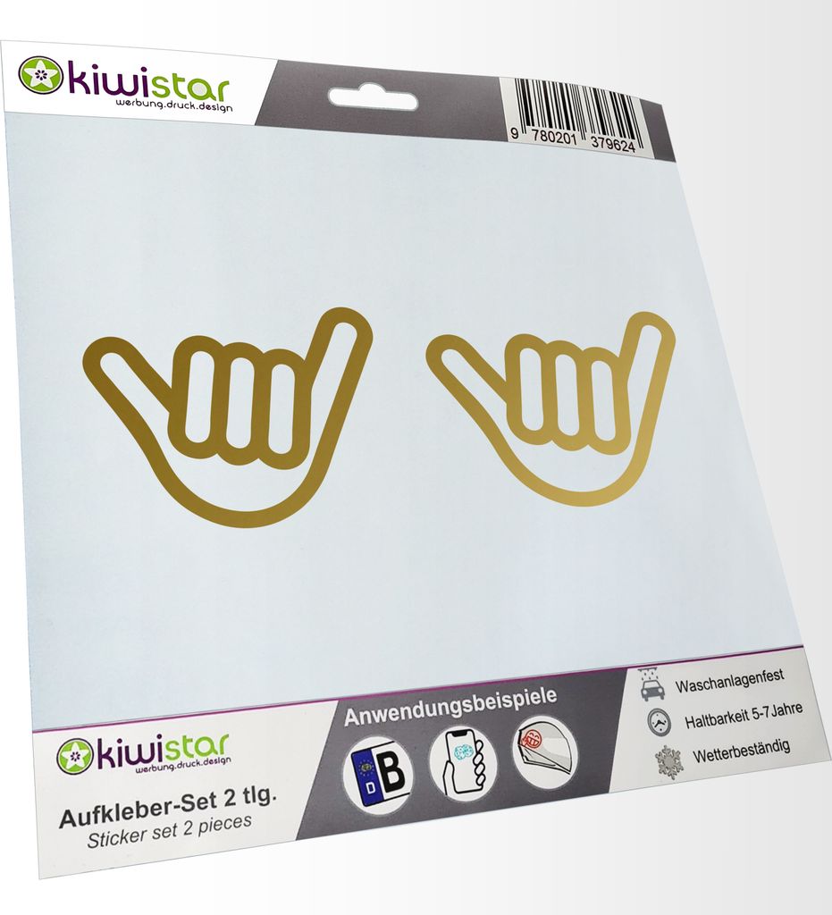 Kiwistar - 2x Kennzeichenaufkleber - gold - 21 mm Shaka Hand - Alles locker - Alles Cool - Kennzeichen Aufkleber Sticker Nummernschild