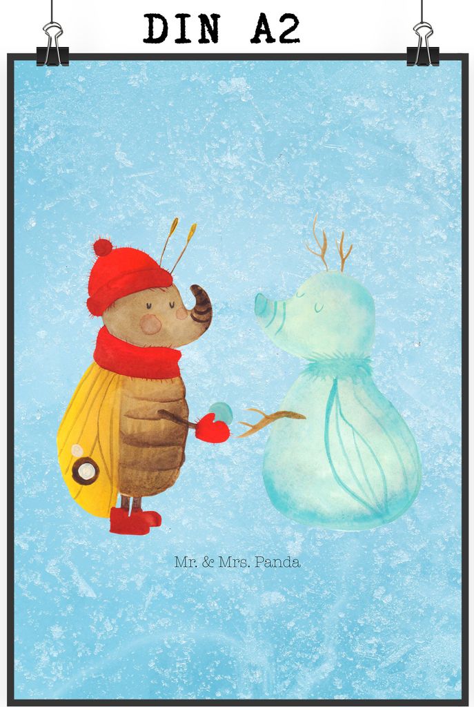 Mr. & Mrs. Panda Bild Nachtfalter Schneemann DIN A2 - Eisblau - Geschenk, Wandbild, Weihnachten, Kunstdruck, drucke, Schnee, Winterzeit, Winter, Wa...