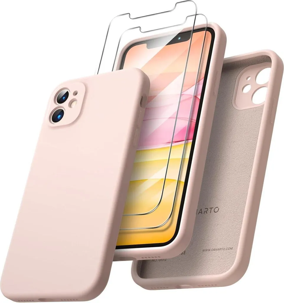 ORNARTO Étui iPhone 11 Silicone Liquide Rose Poudré avec 2 Verres Trempés