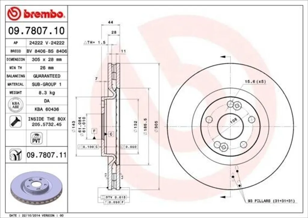 Disque de frein ventilé Brembo 09.7807.11 pour Renault Espace 3 et Avantime
