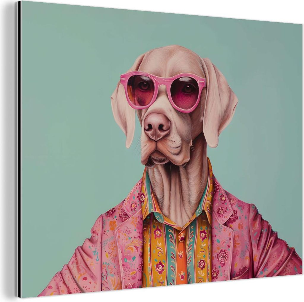 MuchoWow Wanddekoration Metall Metallbild Wandkunst 80x60 cm Hund - Hemd - Blumen - Brille MuchoWow Aluminium Gemälde - Alubild