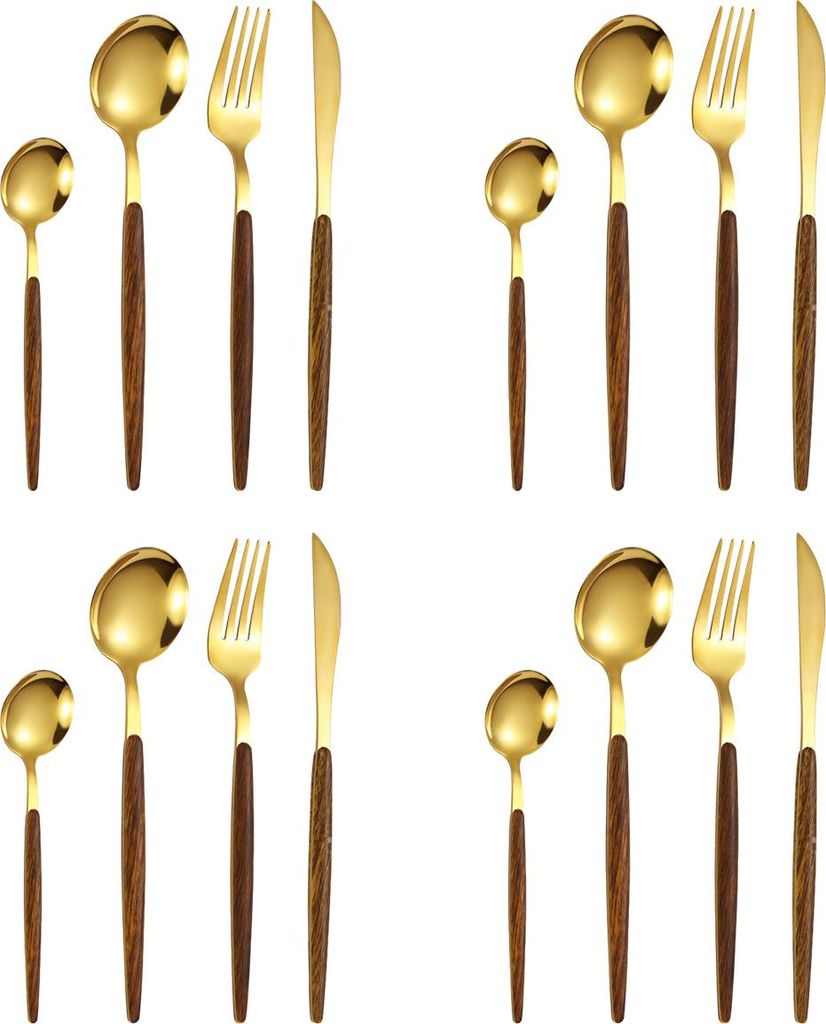 A collection of gold-colored cutlery with brown wooden handles, arranged in sets.