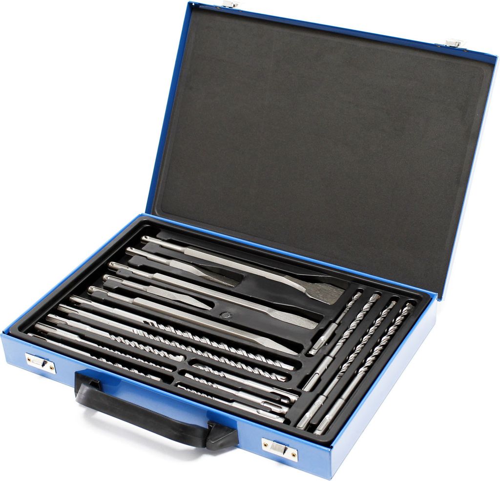 Wiltec SDS Hammer Bohrersatz 17 teilig für elektrischen Bohrhammer, Set mit Bohrern und Meißeln im Metallkoffer, Hammerbohrer Steinbohrer Betonbo...