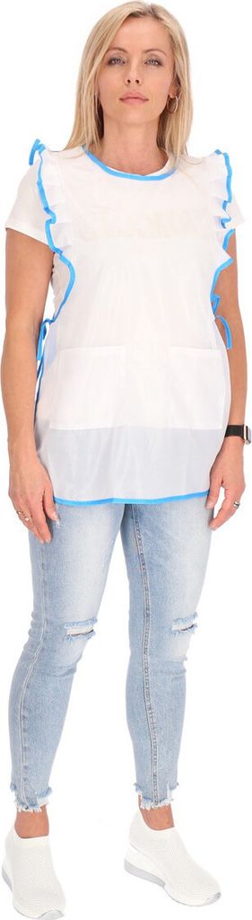 Chasuble Kasack Überwurf Schürze Dederon Nylon Nostalgie Rüsche weiß , Größe:XL, Paspel:blau