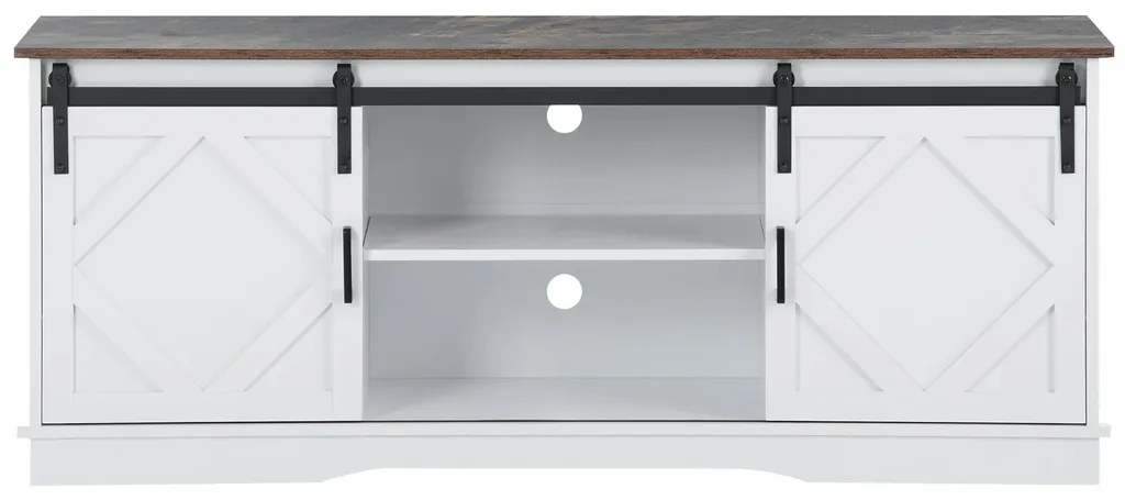 Banc TV blanc rustique et bois avec compartiments modulables - 140cm