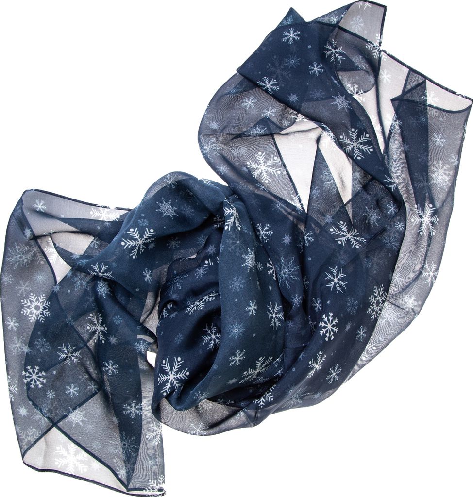 Seidenschal Halstuch Schal dunkelblau Schneeflocken 180x62 cm 100% Seide