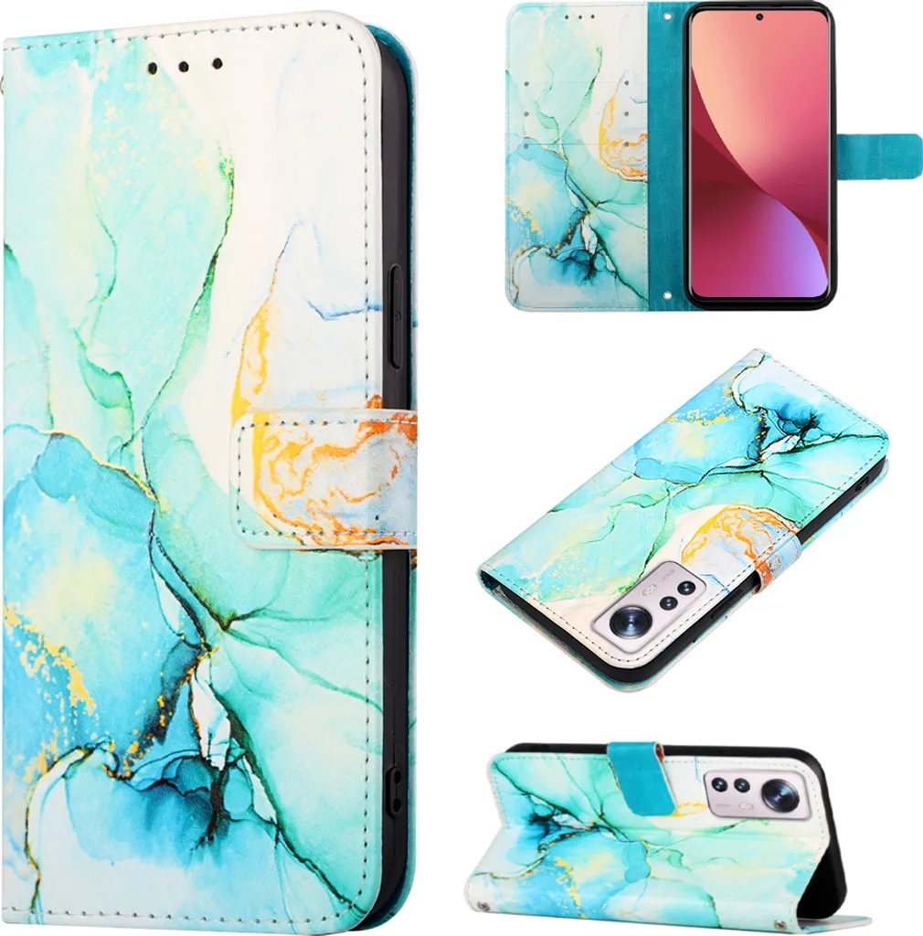 Xiaomi 12 Case, Marble MotifPoliuretanoLeather Case Wallet Card Slots with Stand Function Flip Cover per Xiaomi 12 / 12s / 12X Verde