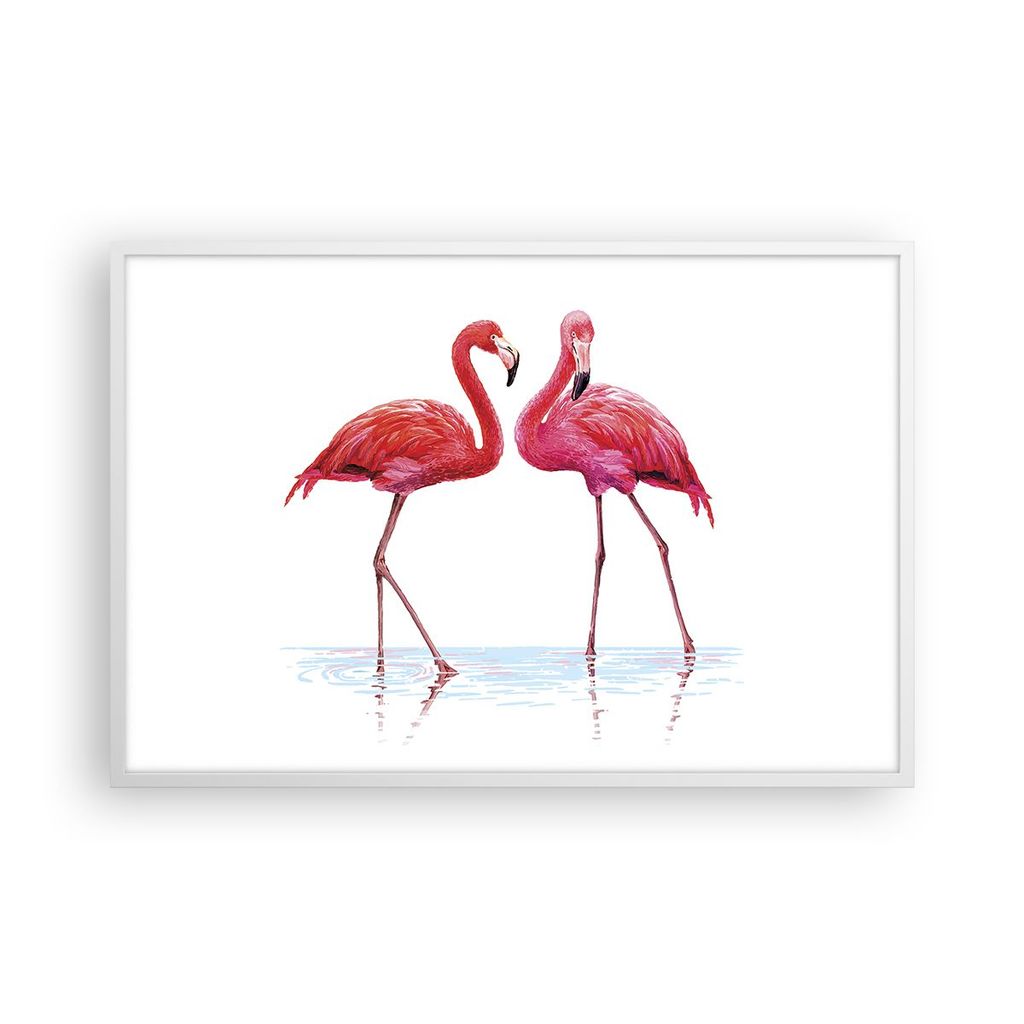 Gerahmtes Poster - Weißer Rahmen - Flamingos Rosa Paar - 91,5x61 cm - Wand Bild - Wanddeko - Wandbilder - Kunstposter - Wandposter - Bilderrahmen ...