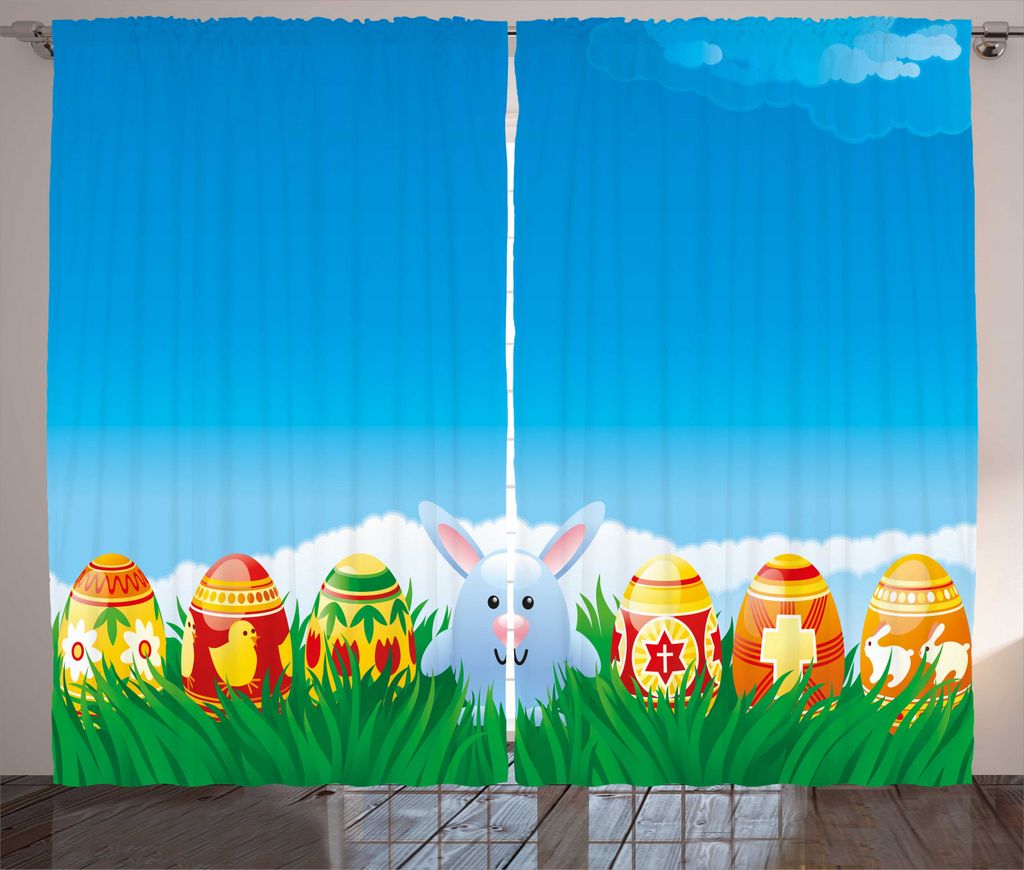 ABAKUHAUS Osterhase Rustikaler Vorhang, Cartoon Ostern Kaninchen, Wohnzimmer Universalband Gardinen mit Schlaufen und Haken, 280 x 225 cm, Mehrfarbig