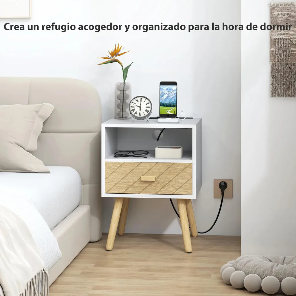 Table de chevet avec station de charge USB-C et tiroir blanc design chic - 5