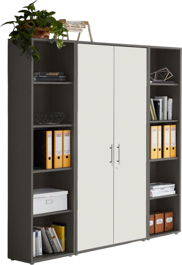 Aktenschrank TABOR 3 in anthrazit / weiß matt, Schrankwand, Büroschrank, abschließbar, Metallgriffe