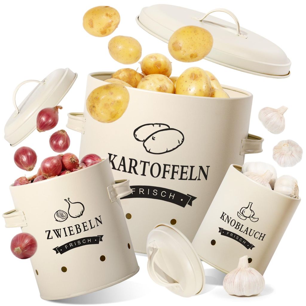 A collage of cream-colored metal storage containers for potatoes, onions, and garlic, with the vegetables shown around and inside them.