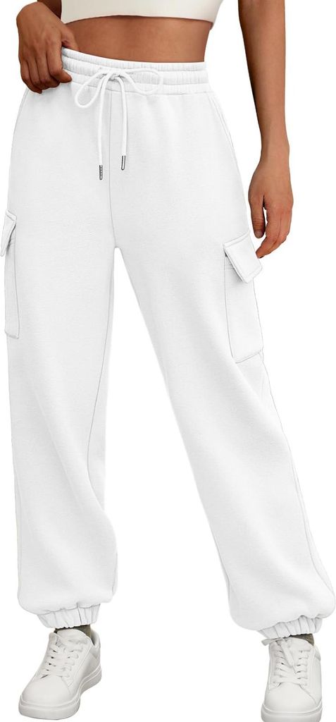 ASKSA Damen Hose Cargohose Trainingshose Kordelzug Sporthose Jogginghose High Waist Loose Warme Fleece mit Taschen (Weiss,M)