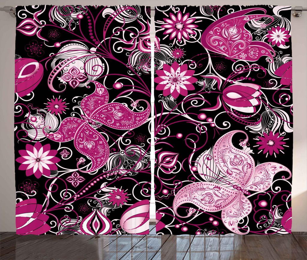 ABAKUHAUS Elefant Rustikaler Gardine, Oriental Blumen auf dunklem, Schlafzimmer Kräuselband Vorhang mit Schlaufen und Haken, 280 x 175 cm, Koksgra...