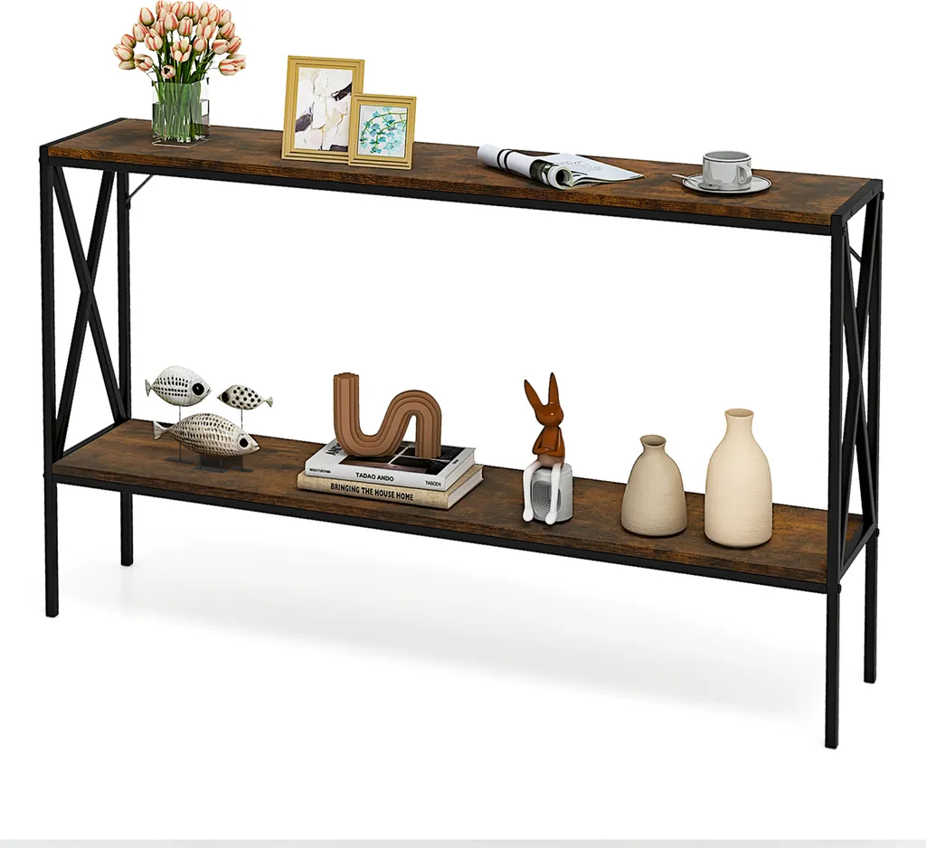 Table d'entrée longue 120 cm pour couloir, console fine à deux niveaux