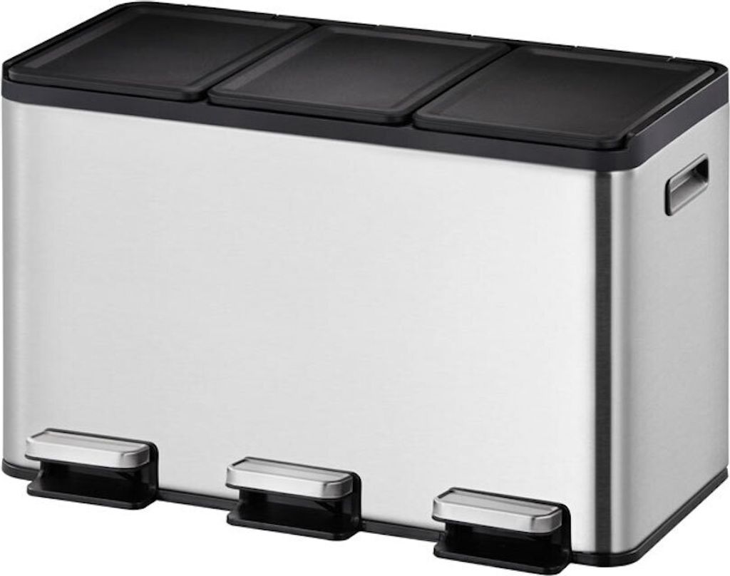 Rechteckiger Treteimer aus gebürstetem Edelstahl mit getrennten Soft-Close & Stay-Open Deckel | 10+10+10 Liter, HxBxT 37,1x59,5x32,1cm | Silber