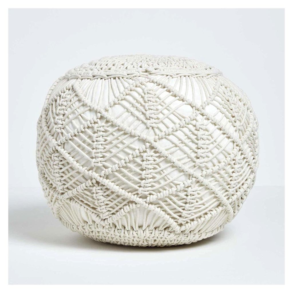 Häkel-Pouf, Natur, rundes Bodenkissen 35 x 40 cm im Boho-Stil, dekorativer Fußhocker in Makramee-Optik, gehäkelter Puff aus 100% Baumwolle