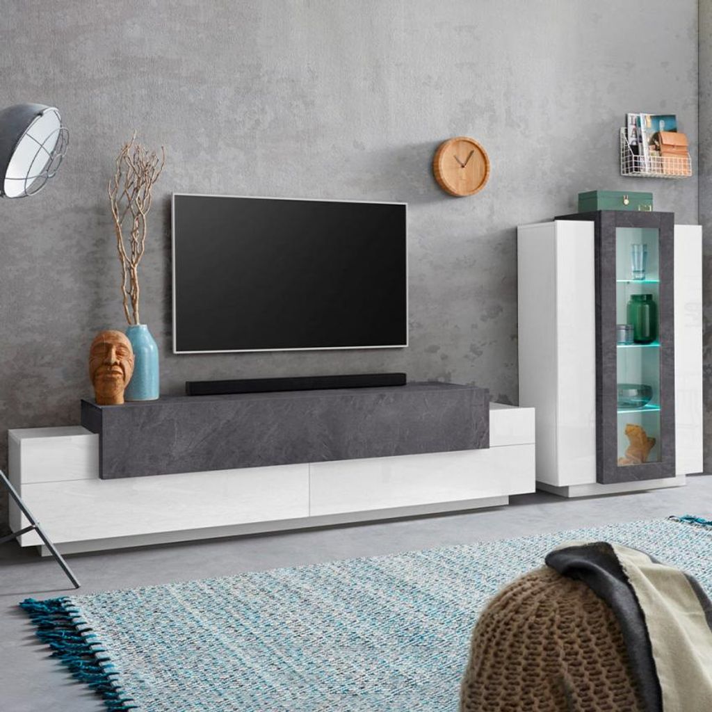 Moderne Wohnwand Weiß Schiefer TV-Schrank Vitrine Corona