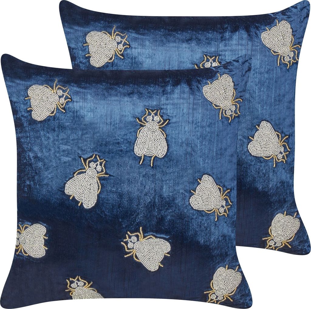BELIANI Dekokissen 2er Set Marineblau Samtstoff mit Polyester-Füllung 45 x 45 cm Fliegenmuster Modern Accessories Wohnzimmer Schlafzimmer Flur Diele