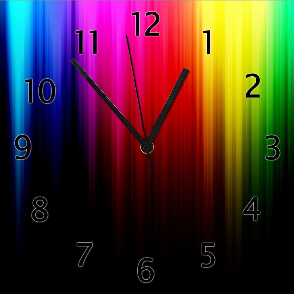 Wallario Design Wanduhr Bunte Regenbogenstreifen auf Schwarz aus Echtglas, Größe 30 x 30 cm