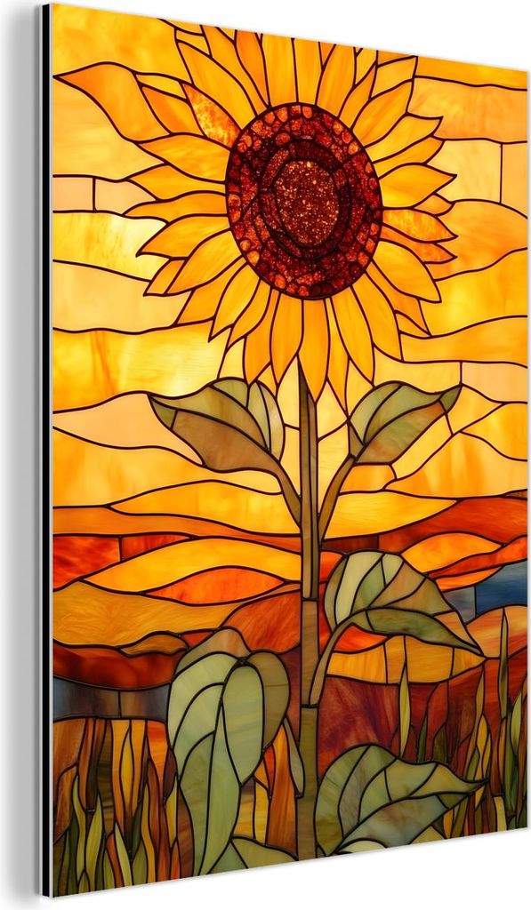MuchoWow Wanddekoration Metall Metallbild Wandkunst 60x80 cm Sonnenblume - Mosaik - Sonnenuntergang - Gelb MuchoWow Aluminium Gemälde - Wanddekora...