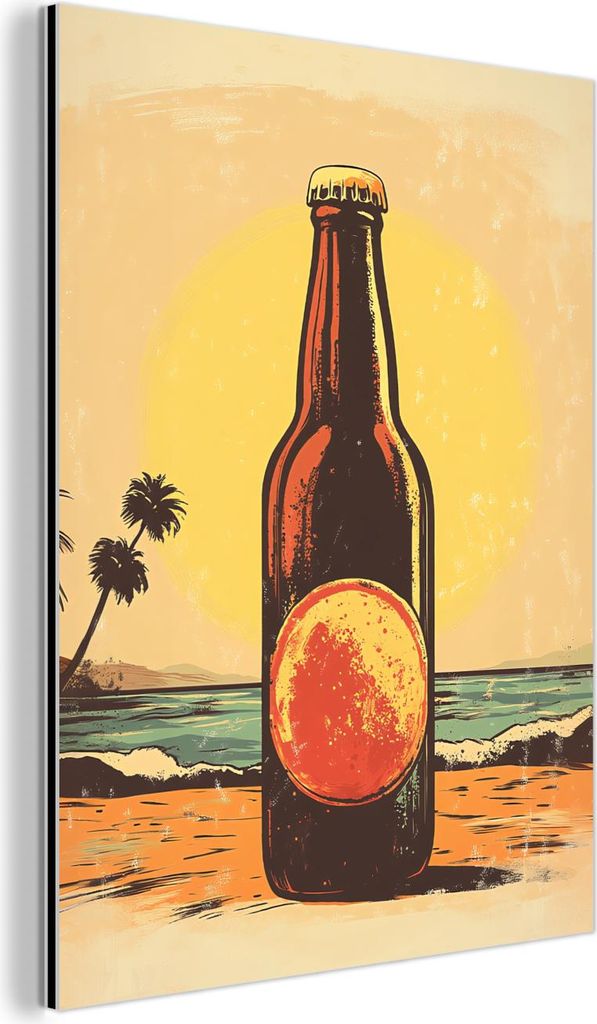 MuchoWow Wanddekoration Metall Metallbild Wandkunst 30x40 cm Bierflasche - Sonnenuntergang - Palmen - Meer MuchoWow Aluminium Gemälde - Bilder