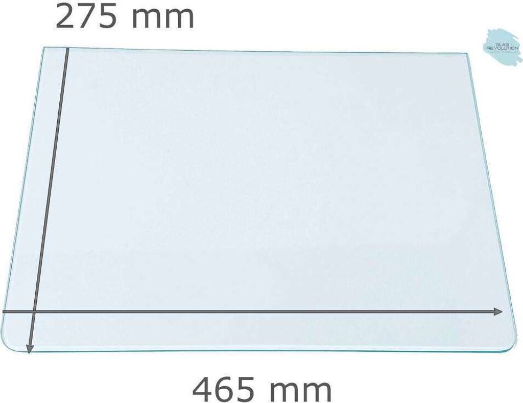 Kühlschrank Einlegeboden - Klarglas 4 mm - 2 abgerundete Ecken - 465 mm x 275 mm - (89,96 EUR / qm - Mindestbfl. 0,25 qm - Kantenb. 5,35 EUR / lfm...