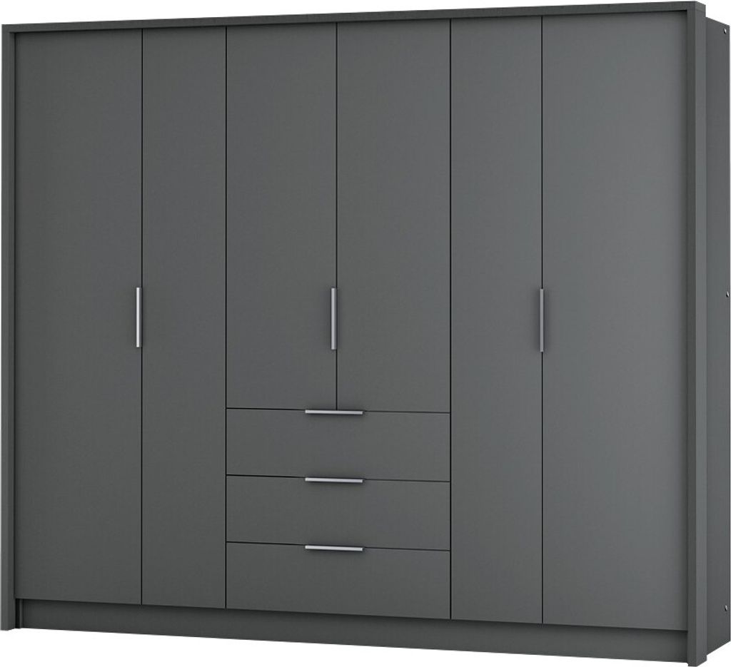 BETTSO Kleiderschrank Großer Garderobe Graphit Kleiderschrank mit Schubladen Silberne Griffe ARIZONA 255 Graphit