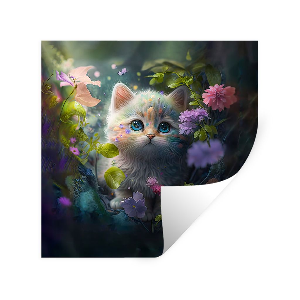 MuchoWow Wandtattoo Wandsticker Wandaufkleber Kätzchen - Blumen - Wald - Illustration - Katze 80x80 cm Selbstklebend und Repositionierbar - Wier...