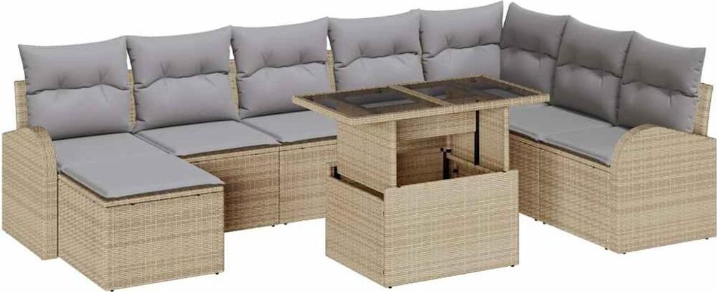 Garten-Sofa-Set mit Speicher 9 pcs Beige Poly Rattan