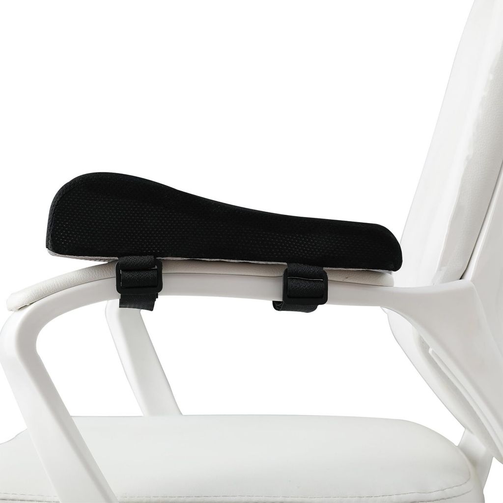 A close-up of a black armrest pad attached to the armrest of a white chair.